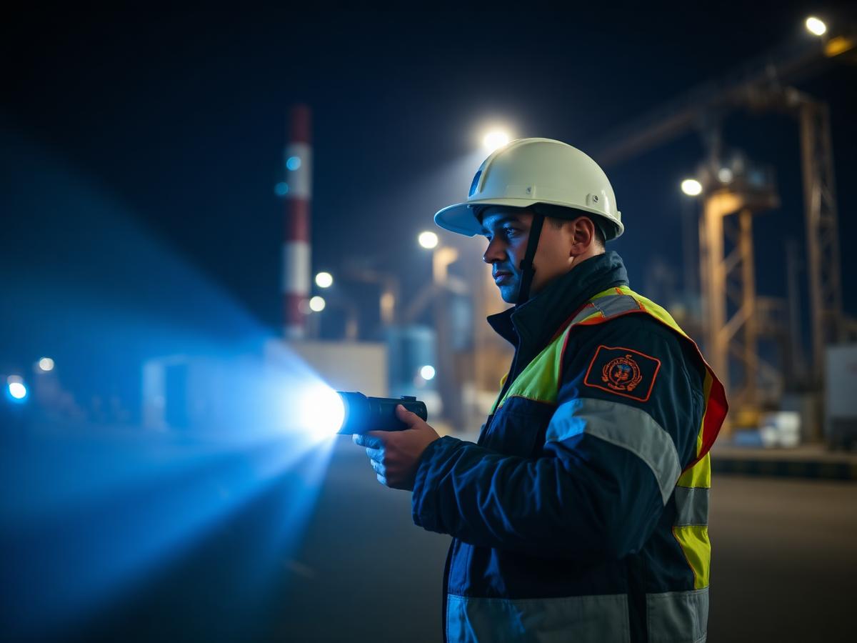 Agent KSP effectuant une ronde de nuit sur un site industriel